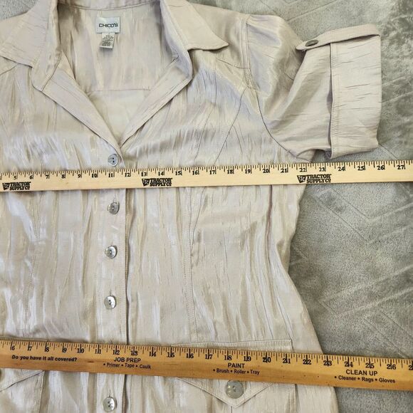 Chico's Button Front Shirt Dress Beige Shimmer 3.5/ XL Short Sleeves Pockets - Picture 8 of 15